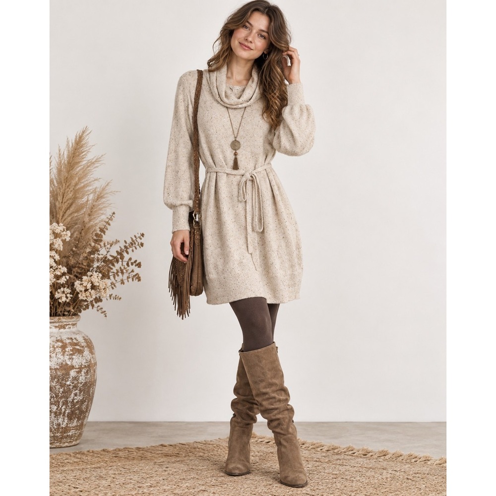 Womens Cato L Beige Sweater Dress Speckled Knit Cowl Neck Belted Knee Tie Waist